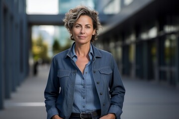 Fototapeta premium Portrait of a content woman in her 50s sporting a rugged denim jacket against a sophisticated corporate office background. AI Generation