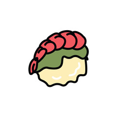Sushi roll of food colorful set. An eye-catching illustration artfully combines the elegance of sushi roll of shrimp with a sea-inspired design, against a clean white canvas. Vector illustration.