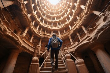 photo a tourist exploring a historical site, climbing an intricate spiral staircase with a travel bag. Generative AI - obrazy, fototapety, plakaty