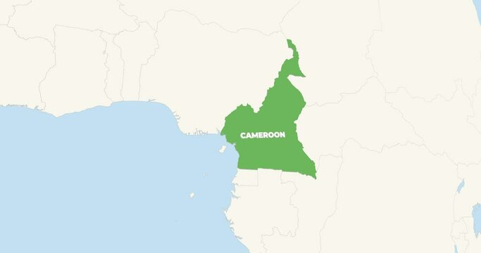 World Map Zoom In To Cameroon. Animation in 4K Video. Green Cameroon Territory On Blue and White World Map