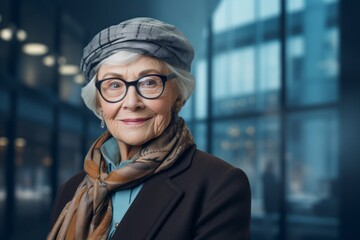 Portrait of a jovial woman in her 80s dressed in a warm ski hat against a sophisticated corporate office background. AI Generation - obrazy, fototapety, plakaty