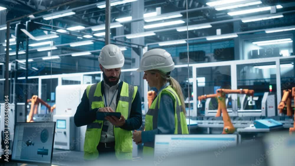 Aufkleber hispanic male engineer using tablet and talking to caucasian female industrial technician at autonom