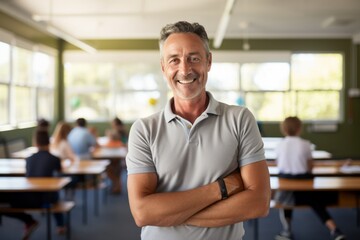 Portrait of a blissful man in his 50s wearing a breathable golf polo against a lively classroom background. AI Generation