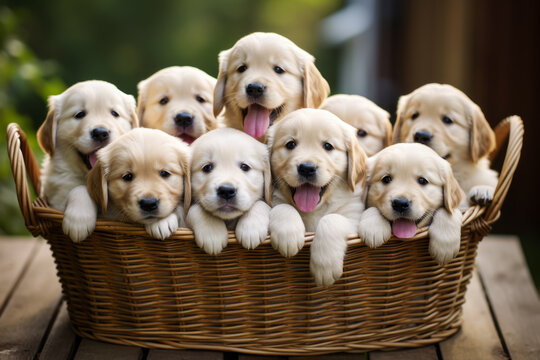Basket with little cute white puppies sticking out their tongues