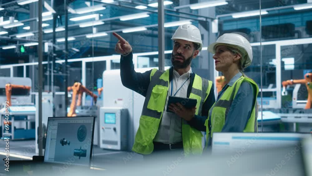 Poster Hispanic Male Process Engineer Using Tablet And Talking To Caucasian Female Supervisor At Autonomous Assembly Line With Robotic Arms. Colleagues Wearing Hardhats, Discussing New Engine.