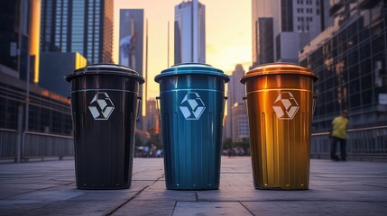 Colorful trash cans lined up in an urban setting promote environmental sustainability among skyscrapers - obrazy, fototapety, plakaty