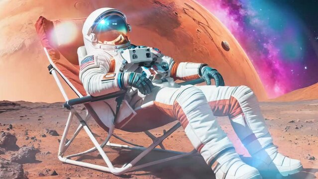 Astronaut in space suit sitting on lazy chair. Sci-fi mars planet. Cosmic star night. Astronomy universe. Loop animation video