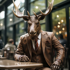 Deer man in classic brown suit. Moose buisiness sits by the table in the cafe. Generative AI fantasy character. - 695408719