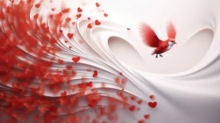 Fotobehang an unearthly bird flies with its wings fully spread. A splash of red heart-shaped petals surrounds the bird, symbolizing peace and love. the mood of the image is romantic and serene. © DZMITRY