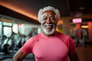 Portrait of a happy afro-american elderly man in his 90s showing off a thermal merino wool top against a dynamic fitness gym background. AI Generation