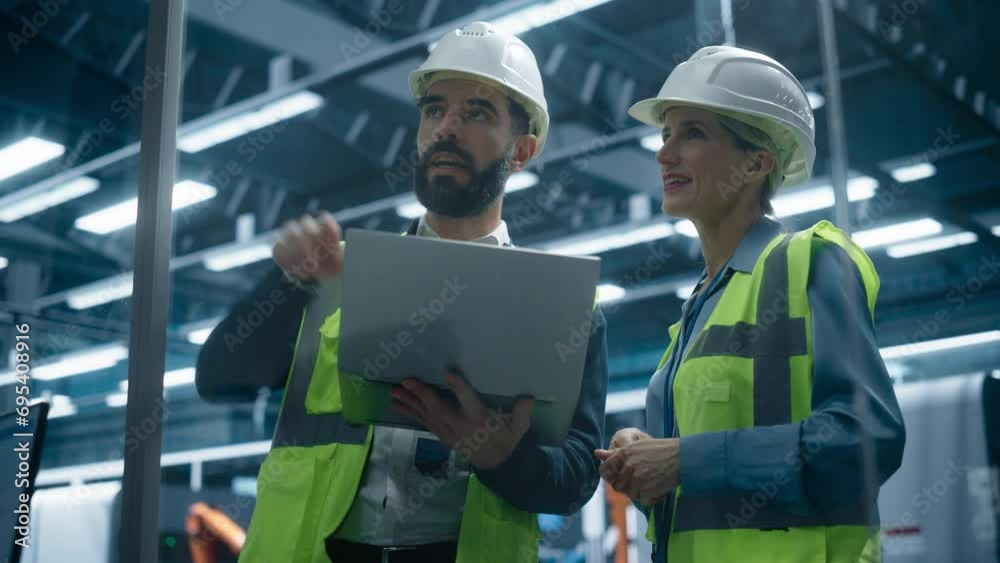 Poster Low Angle Portrait Of Hispanic Engineer Using Laptop Computer And Talking To Caucasian Female Designer At Autonomous Assembly Line With Robotic Arms. Colleagues Monitoring Machinery Production.