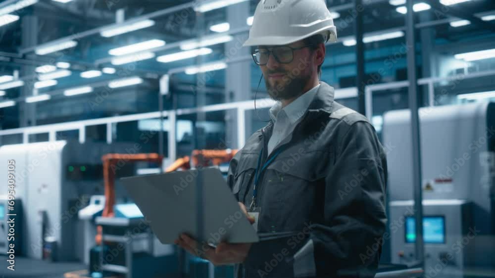 Poster factory office: portrait of confident caucasian male chief engineer wearing hard hat working on lapt