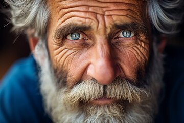 Close portrait of an old man with blue eyes and gray beard - obrazy, fototapety, plakaty