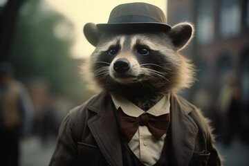 Generative AI fantasy character. Racoon men 1920s walking on the old time street - 695409145