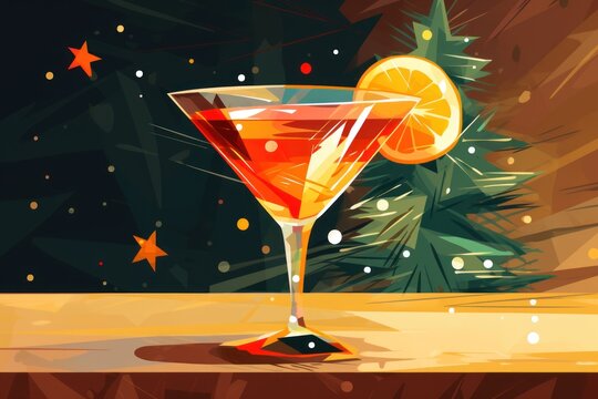  a painting of a cocktail glass with a slice of orange on the rim and a pine tree in the background with snow flakes on the ground and stars in the foreground.