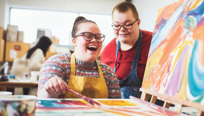 Adult students with Down syndrome enjoying an art class, creating vibrant paintings with laughter.