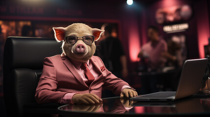 Beautyful Pig Tv producer dressed perfect rose suit. Pig like a human. She is working in the breaking news studio. Generative AI fantasy character. - 695409332