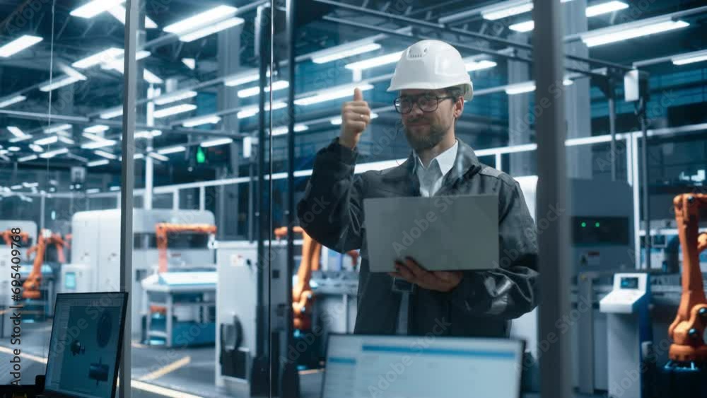 Leinwandbilder engine factory office: caucasian male process engineer monitoring autonomous assembly line with robo
