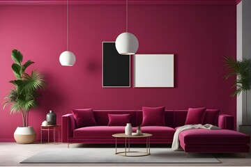 Viva magenta is a trend colour year 2023 in the luxury living lounge. Painted mockup wall for art - crimson red burgundy colour. Blank modern room design interior home. Accent carmine red. 3d render
