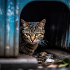 A street, homeless and hungry gray cat sits in a trash can. Concept