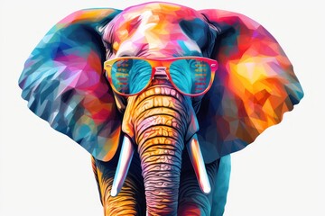  an elephant with sunglasses on it's head and its trunk is painted in multi - colored geometric shapes and has its trunk up to the side of the elephant's head with its trunk. - obrazy, fototapety, plakaty