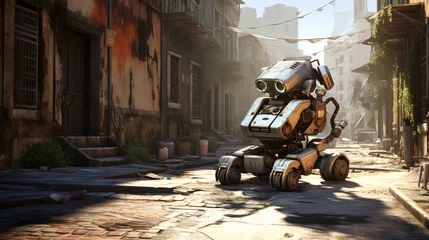 Tuinposter A bomb disposal robot navigating a deserted street, its metallic frame catching the glint of sunlight against a backdrop of abandoned buildings © Muhammad