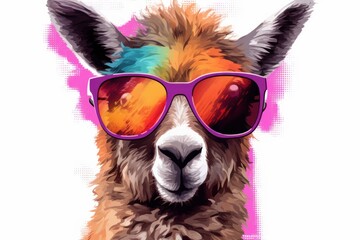  a llama wearing a pair of sunglasses on top of it's head in front of a pink and purple background with the image of an alpacal wearing a pair of sunglasses.
