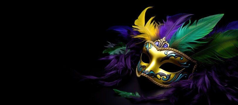 Midnight Allure: Capture attention with a stunning feathered Venice mask, set against a black canvas, creating a perfect backdrop for your promotional text or advertisement. Generated AI