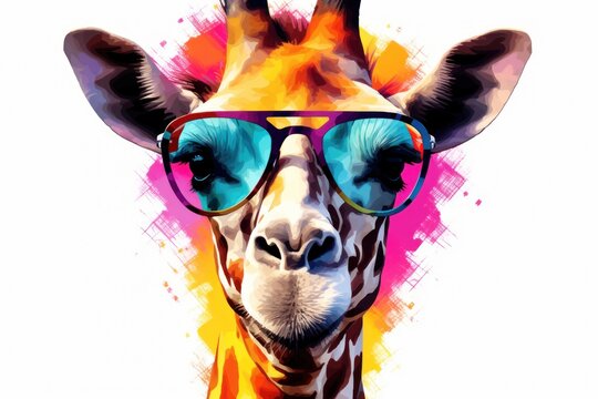  a close up of a giraffe wearing a pair of sunglasses with a splash of paint on it's face and a giraffe's head.