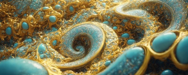a close up of a bunch of blue and gold beads