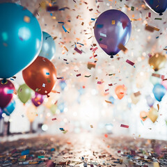 Multicolored balloons and confetti with scatters