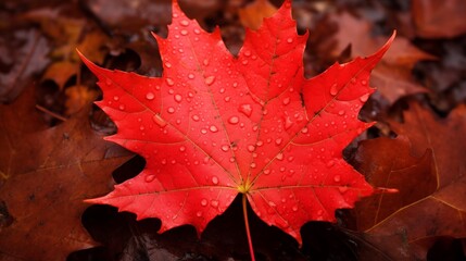 A Vibrant Red Leaf with Glistening Water Droplets