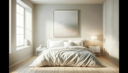 A minimalist bedroom with a white bedspread and a single piece of wall art. - obrazy, fototapety, plakaty