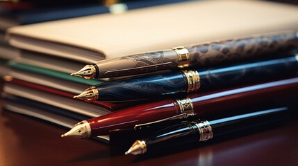 A close-up of a fountain pen resting on a stack of leather-bound notebooks, exuding an air of...
