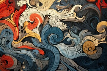  an abstract painting of waves and swirls in blue, yellow, red, orange, and yellow colors on a black background 