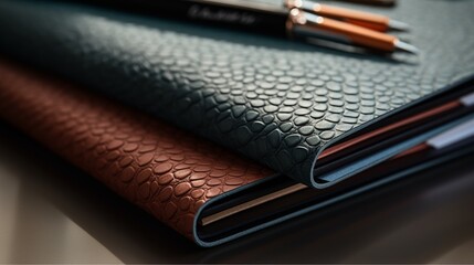 A close-up of a stylish, modern pen resting on a stack of designer notebooks with unique textures