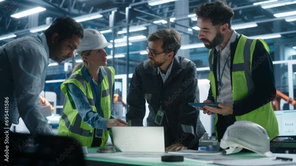 Poster Meeting At Electronics Factory Office: Diverse Specialists Using Laptop And Tablet With Blueprints For Innovative Green Energy Engine. Facility With Autonomous Assembly Line With Robotic Arms.