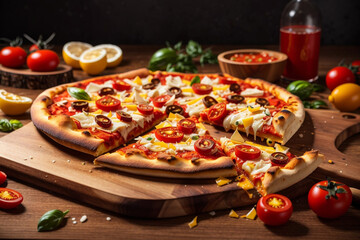 Delicious Cheesy Pepperoni Pizza on wooden board