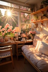 Living room interior with cozy sofa, coffee table and flowers in vase on wooden shelf. Cozy home concept