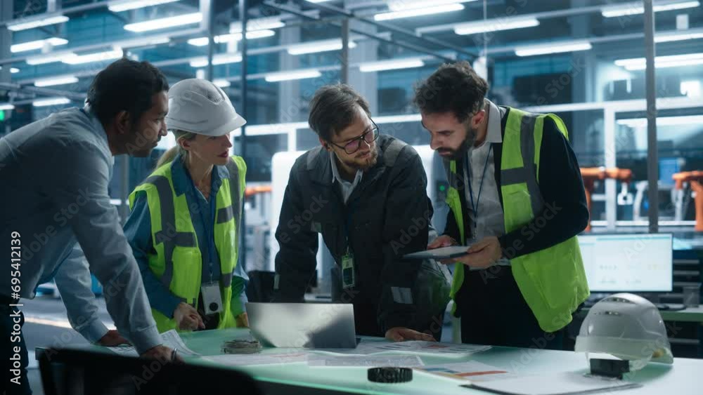 Poster Meeting At Electrical Components Factory Office: Diverse Industrial Engineers Using Laptop And Tablet With Blueprints For Green Energy Engine. Facility With Autonomous Assembly Line With Robotic Arms.