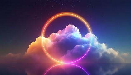 3d render, abstract cloud illuminated with neon light ring on dark night sky. Glowing geometric shape, round frame - obrazy, fototapety, plakaty