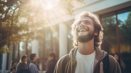 A cheerful student in campus , basking in the glow of achievement and positive energy, with academic vibe