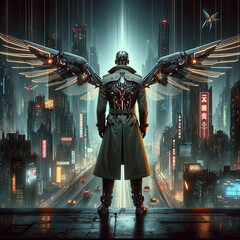 A cybernetic detective with retracting wings in a futuristic noir city. - obrazy, fototapety, plakaty