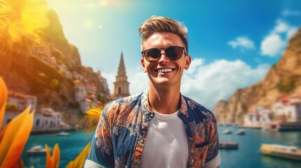 A tourist with a beaming smile standing in front of a famous landmark, capturing the vibrant colors and details of the scene - obrazy, fototapety, plakaty