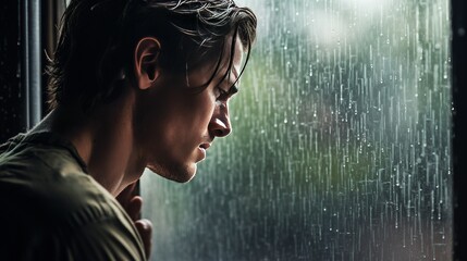 An introspective man standing by a rainy window, with droplets creating a blurred view of the outside world, conveying the emotional weight of depression - obrazy, fototapety, plakaty