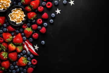  strawberries, blueberries, raspberries, and strawberries are arranged in the shape of an american flag on a black background with stars and a flag.