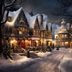 Fototapeta na wymiar Beautiful winter night in the village. Christmas background with a snowy village.