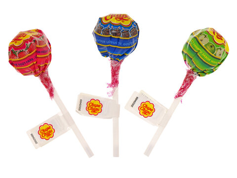 BUCHAREST, ROMANIA - OCTOBER 7, 2019. Chupa Chups lollipop with cola, apple and strawberry flavor