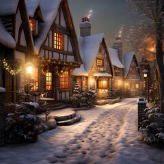 Winter night in a small village with houses and lanterns in the snow