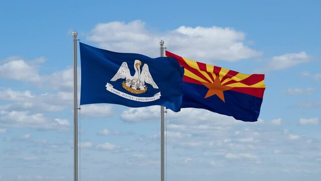 Arizona and Louisiana US state flags waving together on cloudy sky, endless seamless loop